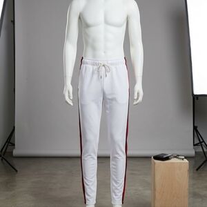 Mens White Track Pants with Red and Black Stripes